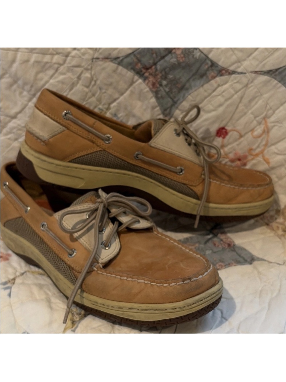 Sperry Top-Sider Men's Leather Mesh Boat Shoes Lace-Up Brown Beige 12 M